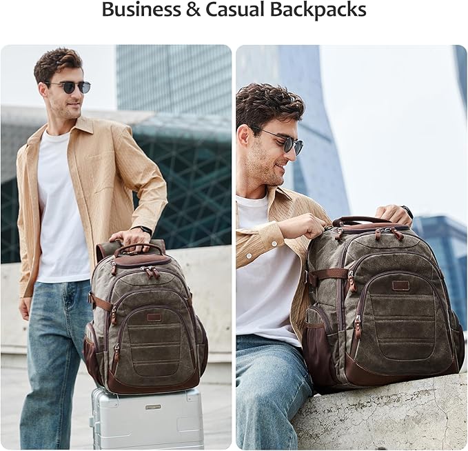 Travel Laptop Backpack 17.3 inch XL Computer Backpack for Men Waxed Canvas College Daypack Business Backpack Green