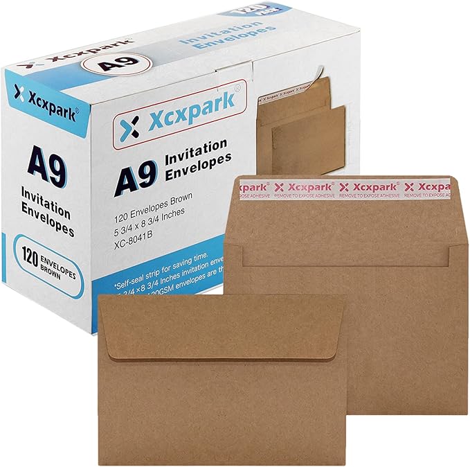 120 Qty A9 Invitation Envelopes 5.75x8.75, Self Seal 120GSM Brown Kraft Paper Envelopes for Invitations, Papers, Photos, Documents, Wedding, Baby Shower, Easy to Seal and Peel