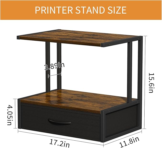 Printer Stand with Storage for Desk, with Fabric Drawer Desktop Printer Stand Shelf Organzier for Home Office, for Above and Under Desk Printer Table, Fax Machine Copier Scanner, Rustic Brown