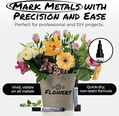 Metal Marking Paint Pen - Industrial Marker For Writing & Drawing on Steel and Metals - Washable Removable Paint Markers For Metal, Wet Erase Metal Paint, Black Paint Pen for Construction and Welders