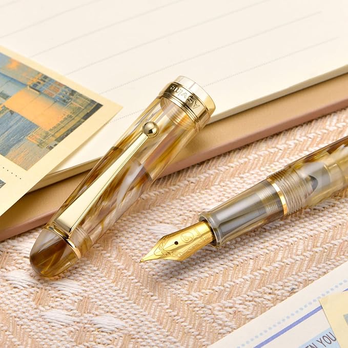 Asvine V126 Vacuum Filling Fountain Pen Brown Swirl Transparent Acrylic, Medium Nib Large-Capacity with Gift Case