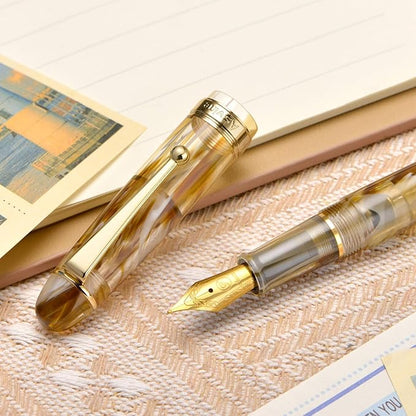 Asvine V126 Vacuum Filling Fountain Pen Brown Swirl Transparent Acrylic, Medium Nib Large-Capacity with Gift Case