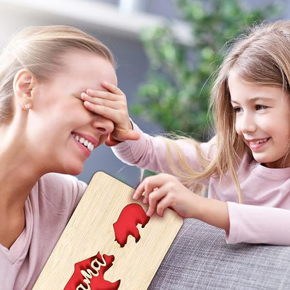 Handmade Birthday Card,Wooden Mother's Day Card from Daughter or Son,Mother's Day Gifts for Mum from Kids,Lovely Bear Baby and Mom Pattern Design,Unique Birthday Presents for Mum