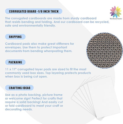Mat Board Center, 25 pack 11x17 Corrugated Cardboard sheet, 1/8 inch thick, Flat Cardboard Inserts for Mailing, Packaging & Shipping, Cardboard Backing, Craft Card Board (White on one side)