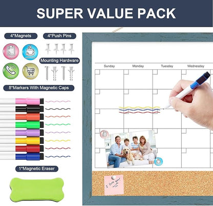 Whiteboard Calendar & Corkboard for Wall, 17"x13" Dry Erase Monthly Calendar with Wood Framed, Magnetic White Board Cork Board Combo, Calendar Bulletin Board for Home Office Kitchen Memo Planner