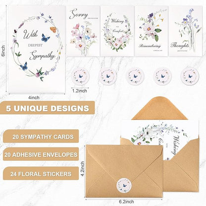 C2U Sympathy Cards with Envelopes- 20 Pack 4"x6"Condolence Cards with Thoughtful Messages & Stickers-Floral Sympathy Cards Assortment Box with Envelopes