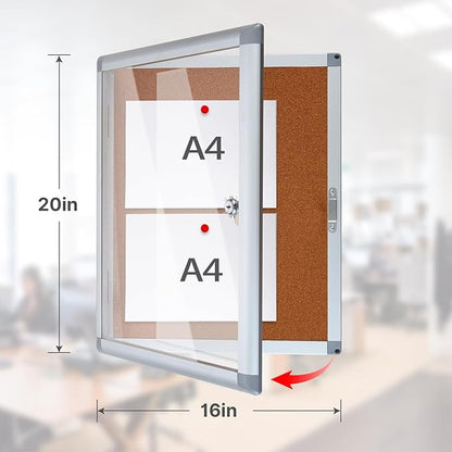 Outdoor Enclosed Cork Bulletin Board Tamper-Proof Dispaly Case, Aluminium Frame, Weatherproof Cork Noticeboard, Enclosed Cork Board for School, Office, Restaurant, Hospital etc（20 * 16inches）