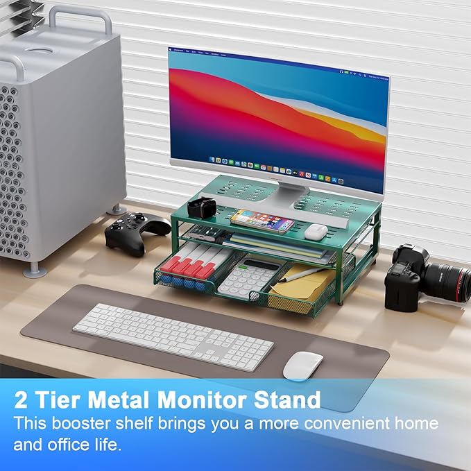 gianotter Computer Monitor Stand Riser, office organizer with Drawer, Office Organizers Storage for Classroom Office Supplies (Dark Green)