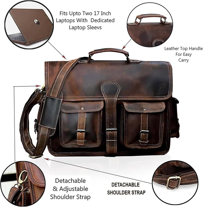 cuero Leather Messenger Bag for Men, 14 Inch Laptop Bag, Crossbody Bag Men, Vintage Handmade Leather Satchel Bag Men, Full Grain Business Briefcase Shoulder Bag for Office/Work/Travel - Brown