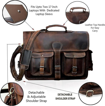 cuero Leather Messenger Bag for Men, 16 Inch Laptop Bag, Crossbody Bag Men, Vintage Handmade Leather Satchel Bag Men, Full Grain Business Briefcase Shoulder Bag for Office/Work/Travel - Brown