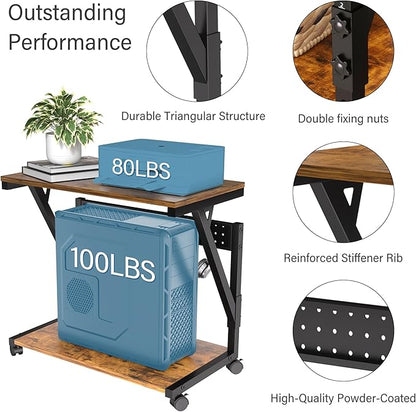 Computer Tower Cart - Height Adjustable PC Stand, 2-Tier ATX-Case CPU Holder Home Office Gaming Desk Accessories with Rolling Lockable Wheels, Laptop Table Standing Computer Desk, Rustic Brown