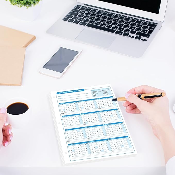 ReliThick 50 PCS 2025 Attendance Calendar Card Stock Paper 2025 Attendance Sheets for 3 Hole Binder Employee Record Folders for Manager, HR, Store Location Managers(Blue)