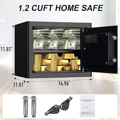 Tenamic Fireproof Safe Box 1.2 Cuft Electronic Digital Security Box, Keypad Small Lock Box Cabinet Safes with Internal Light, Solid Alloy Steel Office Hotel Home Safe with 2 Passwords, Black