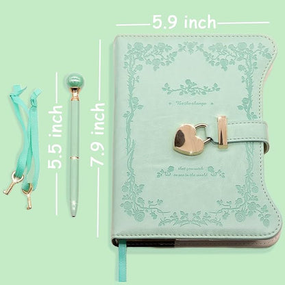 Diary with Lock and Keys for Girls Gift Ideas, 360 Gold Edged Pages Journal for Women, B6 Refillable Notebook for Writing with Pen and Bookmark (Garden Aqua)