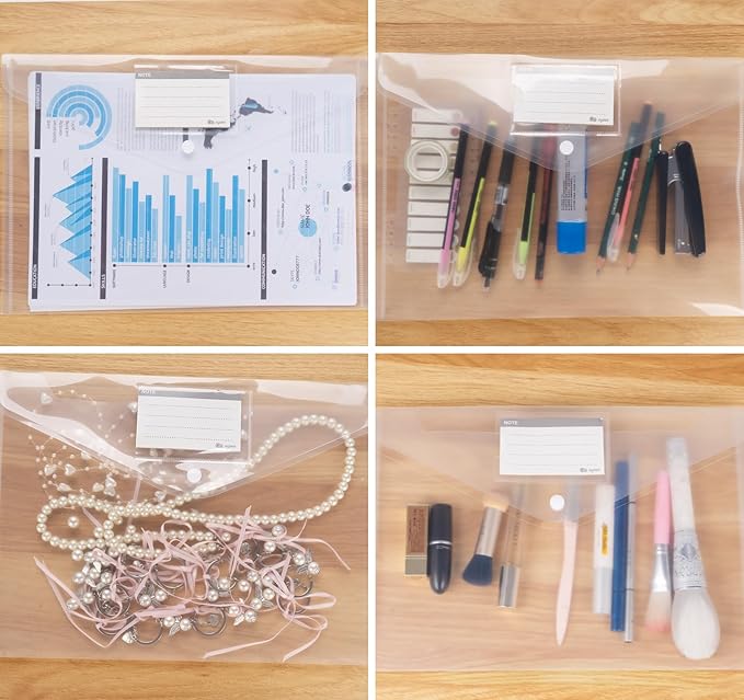 48pcs Plastic Envelopes A4,Letter Size Poly Envelopes with Snap Button,Waterproof Document File Folders with Label Pocket,Document Folders for Office Supplies,School,Home Organization(Transparent)