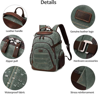 Travel Laptop Backpack 17.3 inch XL Computer Backpack for Men Waxed Canvas College Daypack Business Backpack Army Green