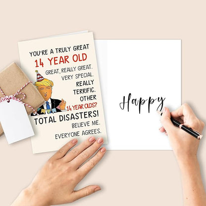 Funny Trump 14th Birthday Card Gift for Son Daughter, Humorous 14 Year Old Birthday Gift for Boys Girl, Happy 14th Birthday Decorations for Him Her