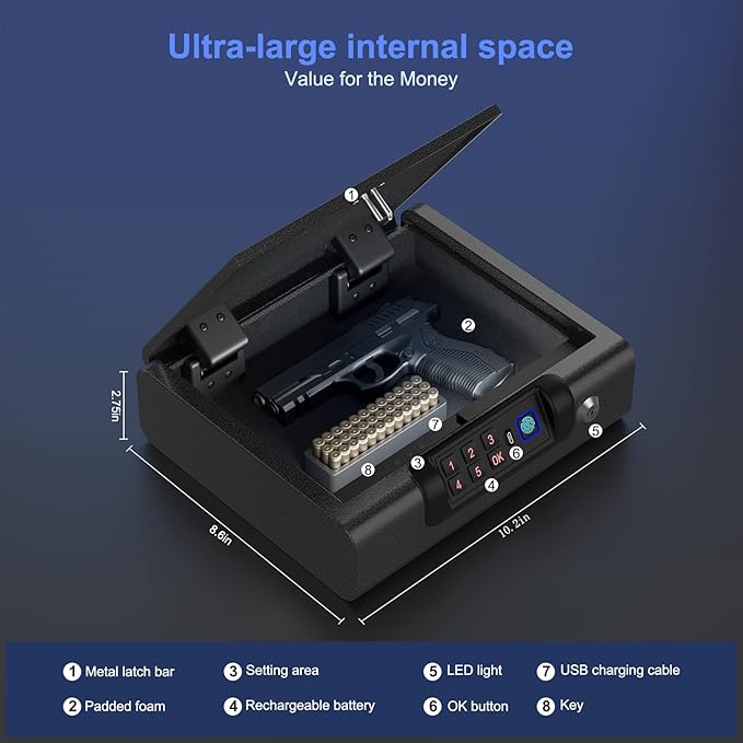 Gun Safe,Biometric Gun Safe for Pistols 3-Ways unlock Fingerprint Digital PIN Key Unlock with Voice, Lock box for Cloakroom living room Bedroom Nightstand and Car BILLCONCH