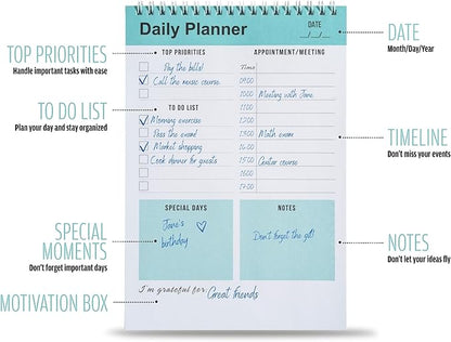 Daily Planner Notebook, To Do List Notepad, Spiral Notebook, Undated-52 Sheets-6.5" x 9.8" Checklist, Notebooks for Work, Personal Organizer Notepad, Daily Task Notebook (Green)