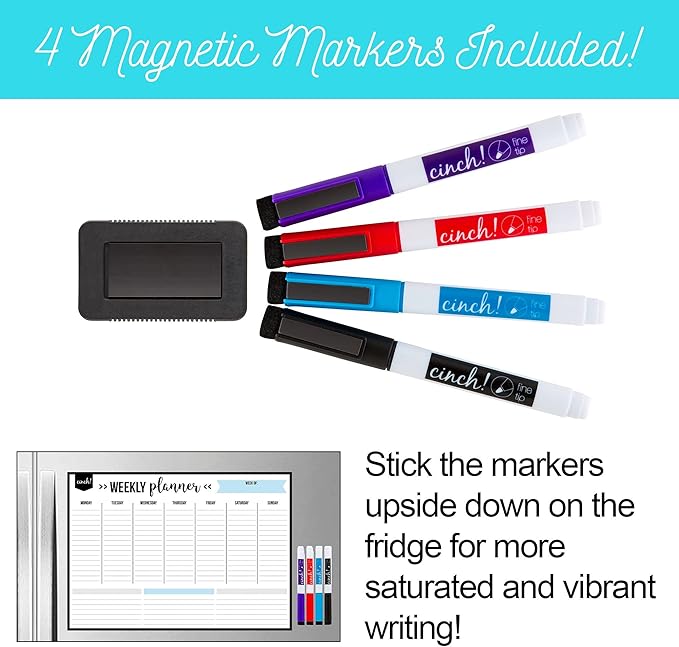 Cinch! 19x13-Inch Magnetic Whiteboard for Fridge - Weekly Calendar and Meal Planner - Stain Resistant Dry Erase Board with 4 Fine Tip Markers and Eraser - Magnetic Weekly Planner for Easy Scheduling