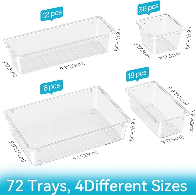 72 PCS Drawer Organizer Set, 4 Sizes Clear Plastic Makeup Vanity Organizer for Makeup, Stationery, Multiple Gadgets for Kitchen, Bathroom, Office, Bedroom