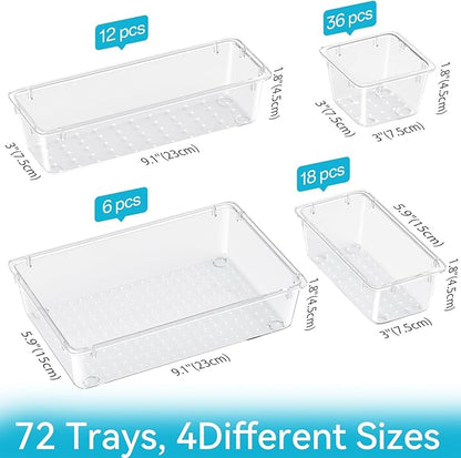 72 PCS Drawer Organizer Set, 4 Sizes Clear Plastic Makeup Vanity Organizer for Makeup, Stationery, Multiple Gadgets for Kitchen, Bathroom, Office, Bedroom