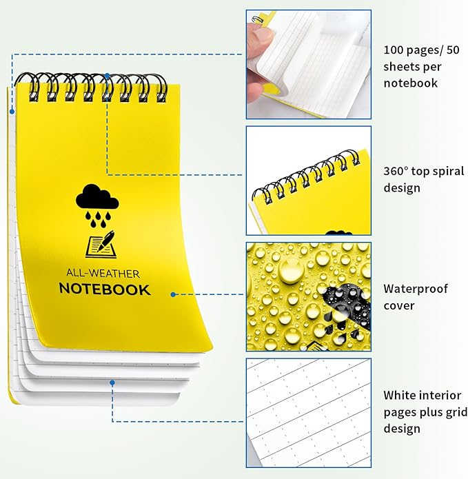 3 Pack Waterproof Notebook, 3 x 5 Pocket Notepad, All Weather Small Pocket Notebook Stone Paper, Mini Spiral Notepad Police Notepad 100 Lined Pages for Outdoor Office