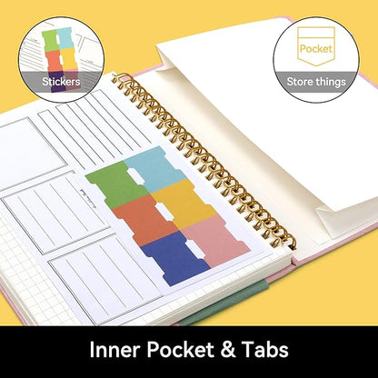 Alltree Large Graph Notebook Journal, Spiral Graph Grid Notebook for Work, Spiral Notebook with Pen Loop, Pocket, Stickers, 160 Pages, Journal for Women & Men, Pink(6"x8.5")