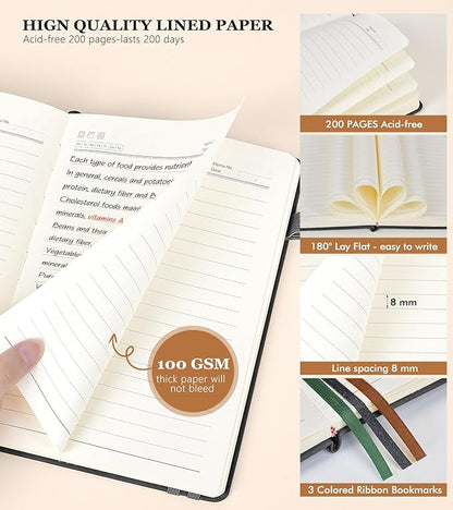 Lined Journal Notebook for Women and Men,Hardcover Leather Journaling Notebook for Writing, Travel, Business, Work and School,200 Pages A5 Notebook for Note Taking, Diary 5.9" × 8.5" - Black