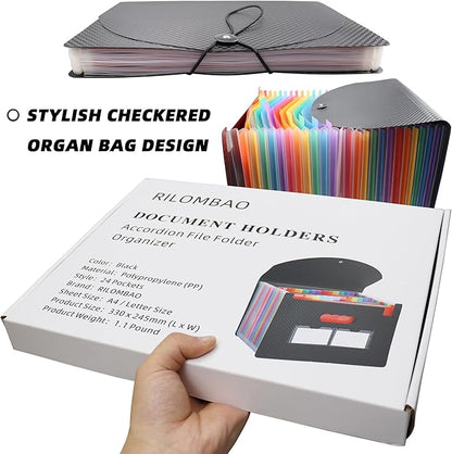 24 Pockets Accordion File Folder Organizer, Expandable Document Paper Receipt Bill Organizer with Color-Coded Tabs, Checkered Organ Bag Design - Letter/A4 Size for Home, Office, School, 1PCS