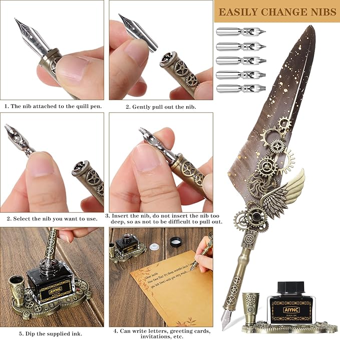 Feather Pen Ink Set With Quill Pen, Notebook, 5 Replaceable Nibs, Seal Stamp, Spoon, Wax Beads, White Wax, Ink, Holder Cup, Envelope, Letter Paper, Envelope Tool(grey)