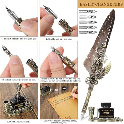 Feather Pen Ink Set With Quill Pen, Notebook, 5 Replaceable Nibs, Seal Stamp, Spoon, Wax Beads, White Wax, Ink, Holder Cup, Envelope, Letter Paper, Envelope Tool(grey)