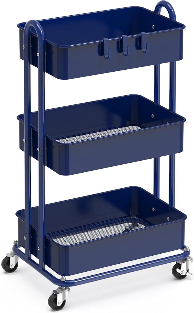 Simple Houseware Heavy Duty 3-Tier Metal Utility Rolling Cart, Navy