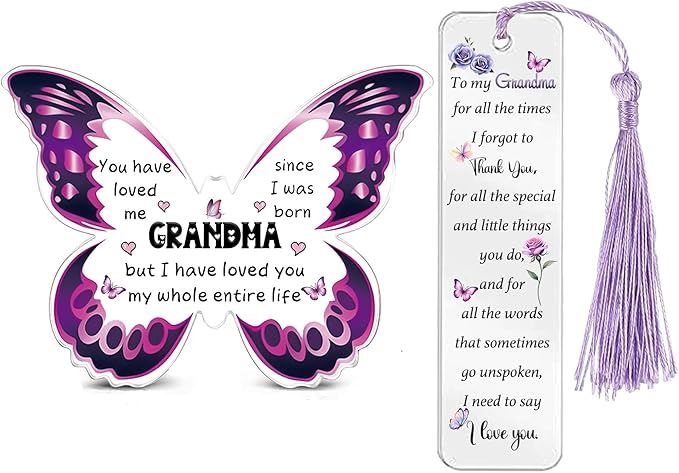 Grandma Gifts for Women Acrylic Plaque Bookmark Set Birthday Gifts for Grandmother Nana Personalised Butterfly Keepsake Bookmarker Mothers Day Christmas Appreciate Gifts for Her from Grandkids