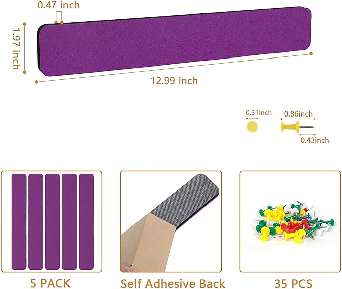 Felt Pin Board Bar Strips Bulletin Board for Bedrooms Offices Home Wall Decoration, Notice Board Self Adhesive Cork Board with 35 Push Pins for Paste Notes, Photos, Schedules (Purple)