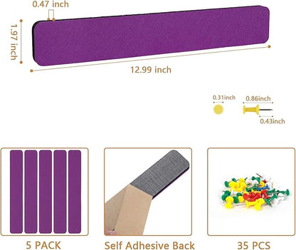 Felt Pin Board Bar Strips Bulletin Board for Bedrooms Offices Home Wall Decoration, Notice Board Self Adhesive Cork Board with 35 Push Pins for Paste Notes, Photos, Schedules (Purple)