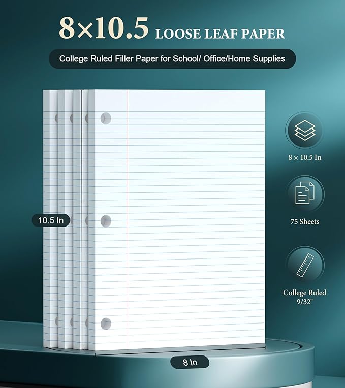 College Ruled Paper 8 x 10.5 Loose Leaf Paper, 4 Pack Notepad 8 x 10.5 Lined Paper for Work, College Ruled Notebook Paper for 3 Ring Binders, 75 sheets, loose leaf paper college ruled for School