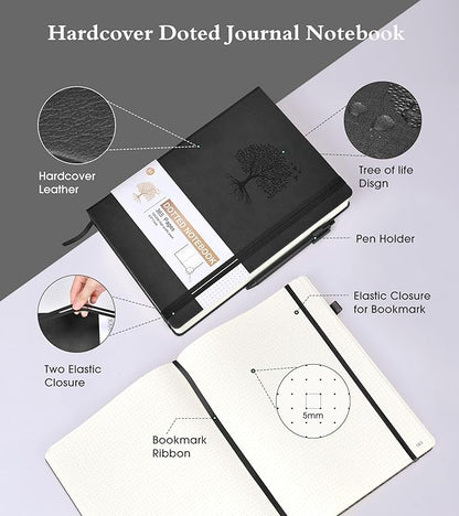 Bullet Dotted Journal Notebook, 360 Numbered Pages Dot Grid Notebooks 8.5 x 11, 100gsm Dot Paper Thick Hardcover Leather Journals for Writing Women Men, A4 Large Bullet Dotted Notebooks for Work Black