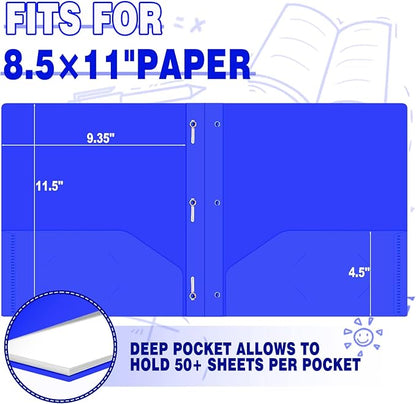 30 Pack Two Pocket Folders Business Card Holder Plastic Folders with Prongs for School Office Filing Cabinet Resume Portfolio (Blue)