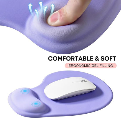 JIKIOU Mouse Pad, 2 Pack Ergonomic Mouse Pads with Comfortable Gel Wrist Rest Support and Lycra Cloth, Non-Slip PU Base for Easy Typing Pain Relief Durable and Easy to Clean Small Purple