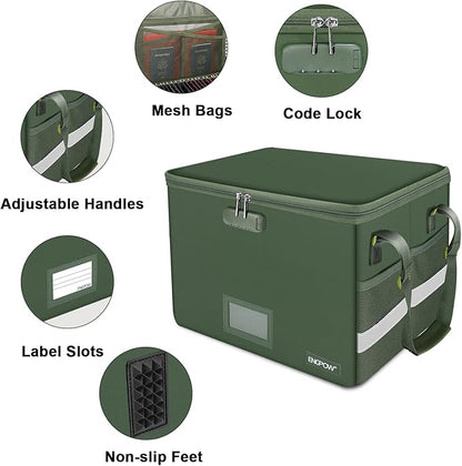 ENGPOW File Box with Lock,Fireproof Document Box with Pockets,Collapsible File Storage Organizer Filing Cabinet with Handle,Portable Home Office Safe for Hanging Letter/Legal Folders,2 Pack(Green)