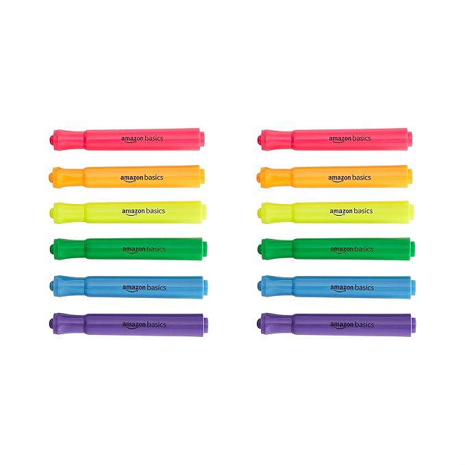 Amazon Basics Highlighters 12 Pack, Assorted Colors, Chisel Tip, Office and School Supplies