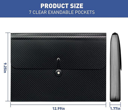 7 Pocket Expanding File Folder with Tab Inserts, Accordian File Organizer Document Receipt Organizer, Accordion Folder File Keeper A4 Letter Size, for School Home Office, Black
