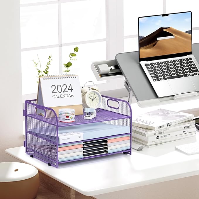 3-Tier Letter Tray Paper Organizer with Handle,Compact Mesh Desk File Organizer for Home Office Supplies Desktop Accessories,Purple