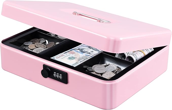 KYODOLED Metal Cash Box with Combination Lock Money Box for Cash Safe Metal Box with Money Tray for Security Lock Box 11.81"x 9.45"x 3.54" Pink X Large