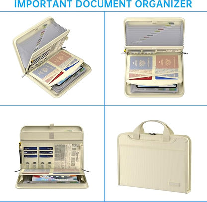 ENGPOW Accordion File Organizer,Fireproof Expanding File Folder with Multi Pockets,13 Pockets Document Organizer Bag with Handle & Labels,Portable Home Travel Safe Storage for Letter A4 Files,Beige