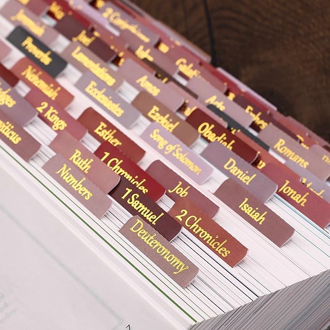 Thinkor Laminated & Repostion Bible Tabs, Gold Foil Large Print Christian Gift for Women and Men, Easy to Read and Apply Bible Journaling Tabs (Gold Earth Tone)