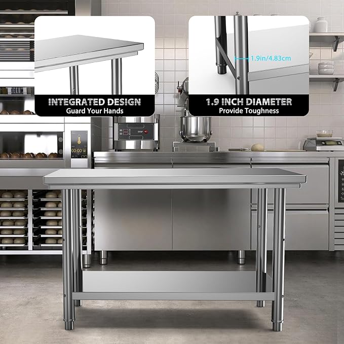 Stainless Steel Table for Work, 24 x 48 Inches Stainless Steel Prep Table with Backsplash,Adjustable Undershelf Stainless Steel Table for Commercial Kitchen, Outdoor, Restaurant, Hotel & Garage