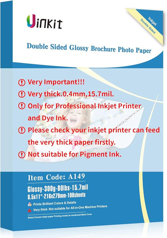 Uinkit 100 Sheets 8.5x11 Letter Size Thick Heavyweight Photo Paper Double Sided Glossy Cardstock 80LB 300Gsm 15.7Mil Brochure, Only for professional Inkjet Printer and Dye Ink