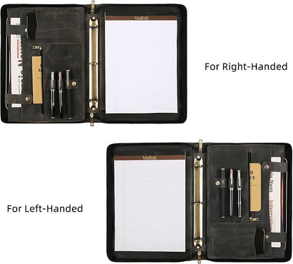 Portfolio Binder 3 Ring, Leather Binder Portfolio Folder for Left-Handed, Zippered Portfolio Padfolio Binder for Women, Leather Portfolio Organizer for Men (Grey, Custom)